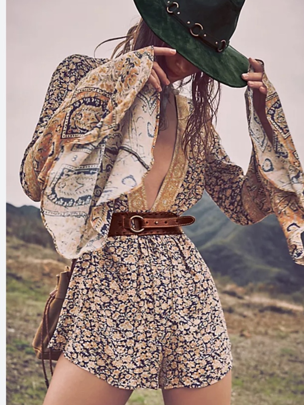 Free People Once Upon Summertime Romper Boho Plunge Bell Sleeve S